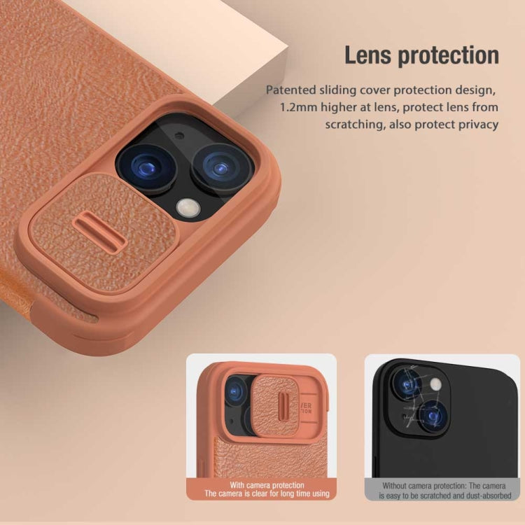 For iPhone 15 NILLKIN QIN Series Pro Sliding Camera Cover Design Leather Phone Case(Brown) - iPhone 15 Cases by NILLKIN | Online Shopping UK | buy2fix