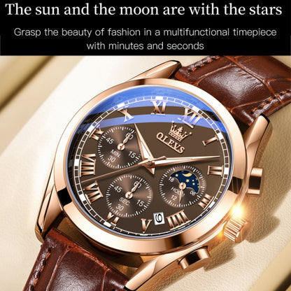 OLEVS 2871 Men Multifunctional Sports Chronograph Luminous Quartz Watch(Black + Rose Gold) - Leather Strap Watches by OLEVS | Online Shopping UK | buy2fix