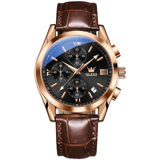 OLEVS 2872 Men Three Eyes Six Needles Chronograph Waterproof Quartz Watch(Black + Rose Gold) - Leather Strap Watches by OLEVS | Online Shopping UK | buy2fix