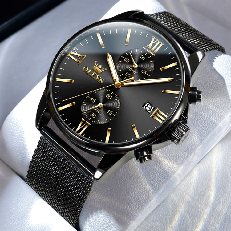 OLEVS 2886 Men Sports Chronograph Waterproof Luminous Quartz Watch(Black Gold Mesh Strip) - Metal Strap Watches by OLEVS | Online Shopping UK | buy2fix