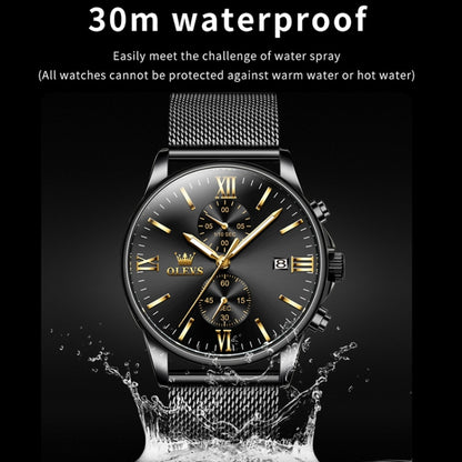 OLEVS 2886 Men Sports Chronograph Waterproof Luminous Quartz Watch(Black Gold Mesh Strip) - Metal Strap Watches by OLEVS | Online Shopping UK | buy2fix