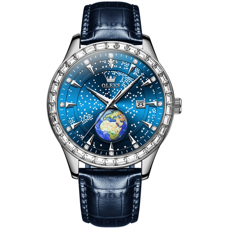 OLEVS 9967 Men Starry Sky Face Diamond Bezel Quartz Watch(Blue Leather Strap) - Leather Strap Watches by OLEVS | Online Shopping UK | buy2fix