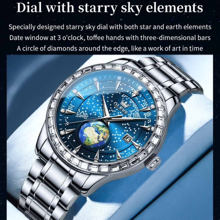 OLEVS 9967 Men Starry Sky Face Diamond Bezel Quartz Watch(Blue Steel Strap) - Leather Strap Watches by OLEVS | Online Shopping UK | buy2fix