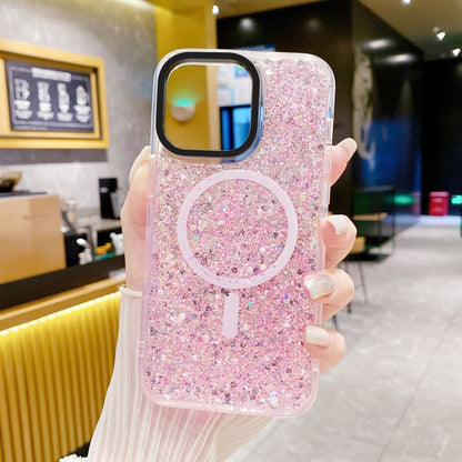 For iPhone 15 Gold Armor MagSafe Glitter Epoxy Phone Case(Pink) - iPhone 15 Cases by buy2fix | Online Shopping UK | buy2fix