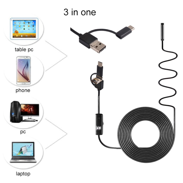 AN100 3 in 1 IP67 Waterproof USB-C / Type-C + Micro USB + USB HD Endoscope Hard Tube Inspection Camera for Parts of OTG Function Android Mobile Phone, with 6 LEDs, Lens Diameter:8mm(Length: 10m) - Consumer Electronics by buy2fix | Online Shopping UK | buy2fix
