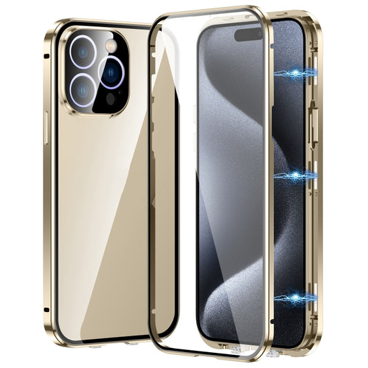 For iPhone 15 Pro Max Magnetic Double-buckle HD Tempered Glass Phone Case(Gold) - iPhone 15 Pro Max Cases by buy2fix | Online Shopping UK | buy2fix