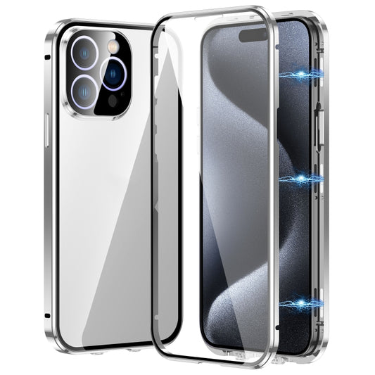For iPhone 15 Pro Max Magnetic Double-buckle HD Tempered Glass Phone Case(Silver) - iPhone 15 Pro Max Cases by buy2fix | Online Shopping UK | buy2fix