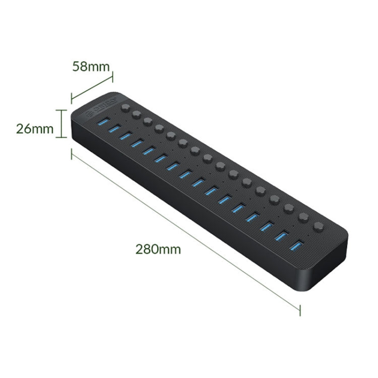 ORICO CT2U3-16AB Plastic Stripes 16 Ports USB 3.0 HUB with Individual Switches, Plug:US Plug(Black) - USB 3.0 HUB by ORICO | Online Shopping UK | buy2fix