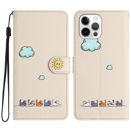 For iPhone 15 Pro Max Cartoon Cats Leather Phone Case(Beige White) - iPhone 15 Pro Max Cases by buy2fix | Online Shopping UK | buy2fix