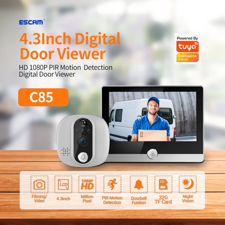 ESCAM C85 1080P 4.3 inch Smart WIFI Digital Door Viewer Supports Wide-Angle PIR & Night Vision & Dingdong Photo(White) - Video DoorBell by ESCAM | Online Shopping UK | buy2fix