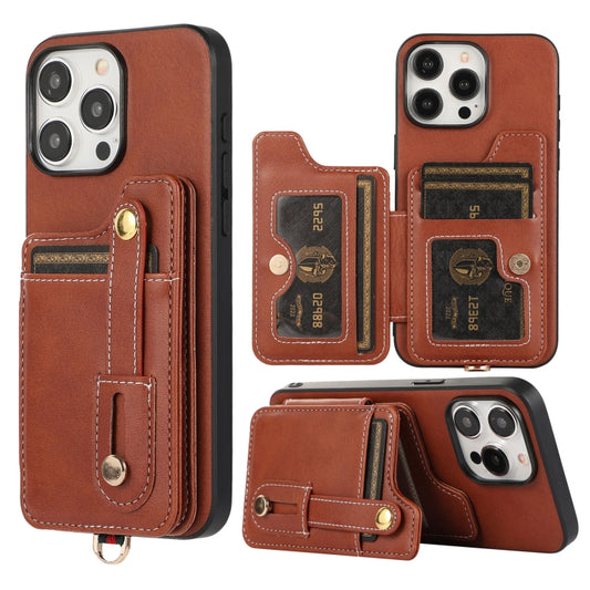 For iPhone 15 Pro Max 01 RFID Card Bag Cowhide Texture PU Phone Case(Brown) - iPhone 15 Pro Max Cases by buy2fix | Online Shopping UK | buy2fix
