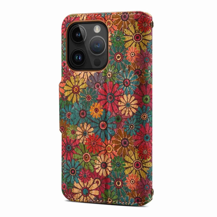 For iPhone 15 Pro Max Denior Flower Language Series Cork Fabric Oil Edge Leather Phone Case(Spring) - iPhone 15 Pro Max Cases by Denior | Online Shopping UK | buy2fix