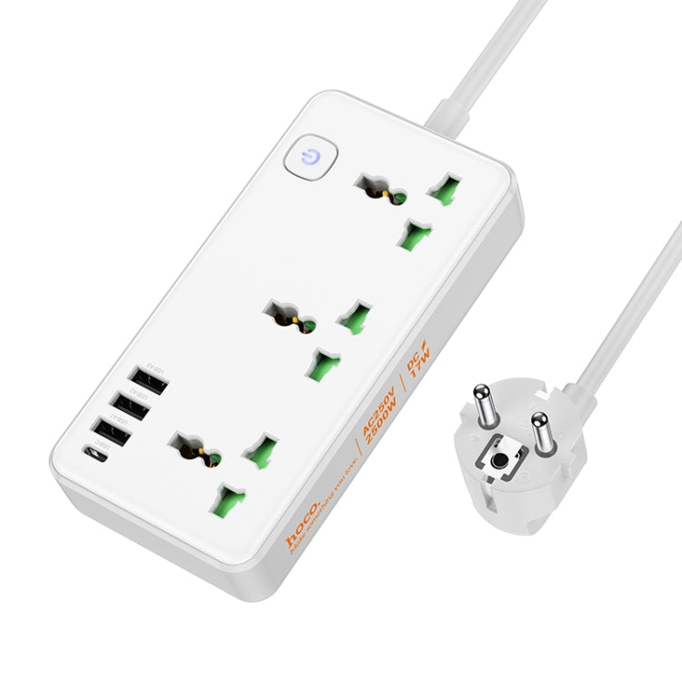 hoco AC7A Storm 3-position Socket with USB-C+3USB Ports, Cable Length: 1.5m, EU Plug(White) - Extension Socket by hoco | Online Shopping UK | buy2fix