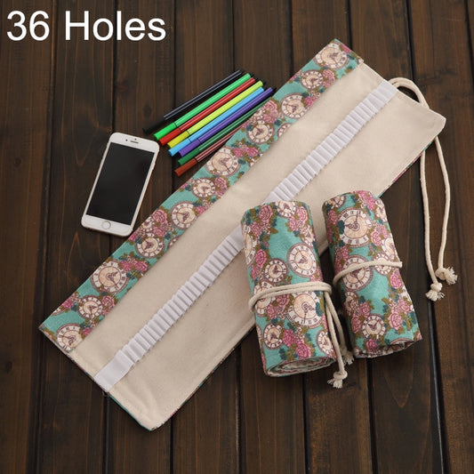 36 Slots Rose Clock Print Pen Bag Canvas Pencil Wrap Curtain Roll Up Pencil Case Stationery Pouch - Home & Garden by buy2fix | Online Shopping UK | buy2fix