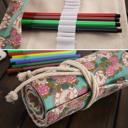 36 Slots Rose Clock Print Pen Bag Canvas Pencil Wrap Curtain Roll Up Pencil Case Stationery Pouch - Home & Garden by buy2fix | Online Shopping UK | buy2fix