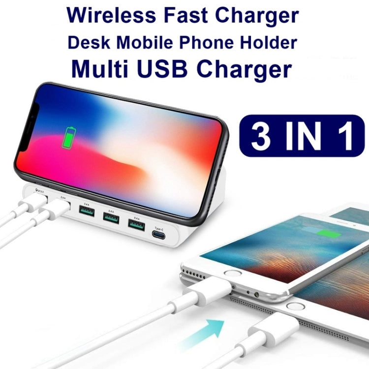 828W 7 in 1 60W QC 3.0 USB Interface + 4 USB Ports + USB-C / Type-C Interface + Wireless Charging Multi-function Charger with Mobile Phone Holder Function, AU Plug(Black) - Multifunction Charger by buy2fix | Online Shopping UK | buy2fix