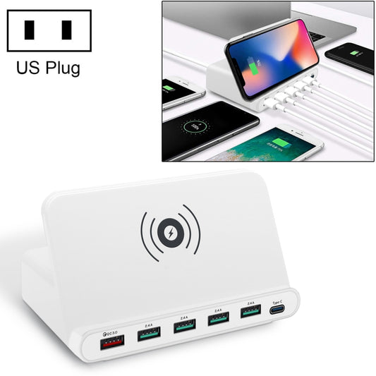 828W 7 in 1 60W QC 3.0 USB Interface + 4 USB Ports + USB-C / Type-C Interface + Wireless Charging Multi-function Charger with Mobile Phone Holder Function, US Plug(White) - Multifunction Charger by buy2fix | Online Shopping UK | buy2fix