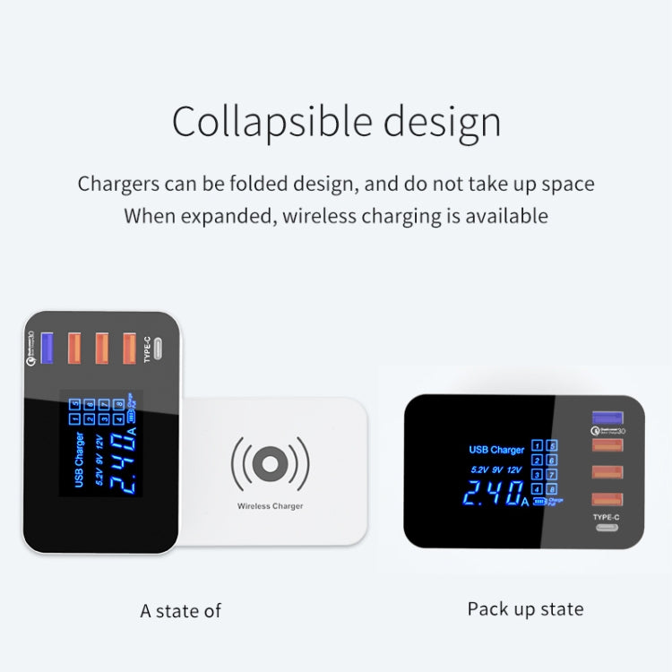 CDA33QW 40W QC 3.0 USB Ports + 3 USB Ports + USB-C / Type-C Ports + Wireless Charging Multi-function Foldable Charger with LED Display, UK Plug - Multifunction Charger by buy2fix | Online Shopping UK | buy2fix