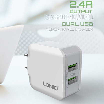LDNIO A2201 2.4A Dual USB Charging Head Travel Direct Charge Mobile Phone Adapter Charger With 8 Pin Data Cable(EU Plug) - Apple Accessories by LDNIO | Online Shopping UK | buy2fix