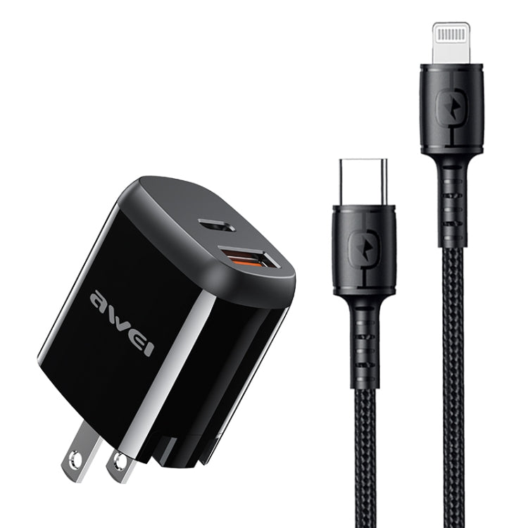 awei PD3 20W PD Type-C + QC 3.0 USB Interface Fast Charging Travel Charger with Data Cable, US Plug - Apple Accessories by awei | Online Shopping UK | buy2fix