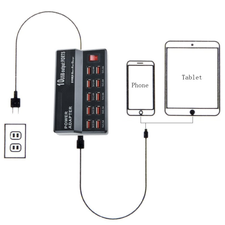 W-838 60W 10 Ports USB Fast Charging Dock Desktop Smart Charger AC100-240V, US Plug (Black) - Multifunction Charger by buy2fix | Online Shopping UK | buy2fix