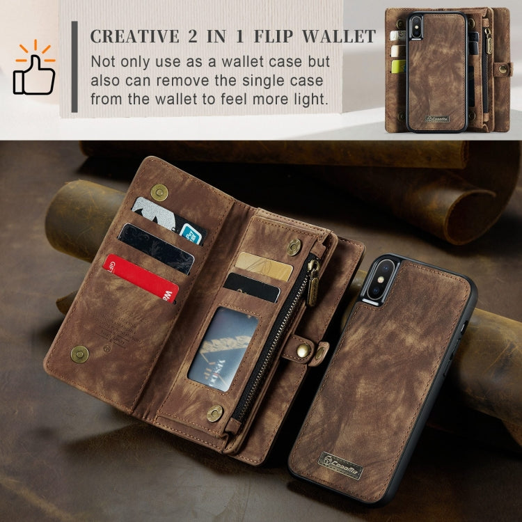 For iPhone X / XS CaseMe-008 TPU + PC Magnetic Absorption Detachable Back Cover Horizontal Flip Leather Case with Holder & Card Slots & Zipper Wallet & Photo Frame(Brown) - More iPhone Cases by CaseMe | Online Shopping UK | buy2fix