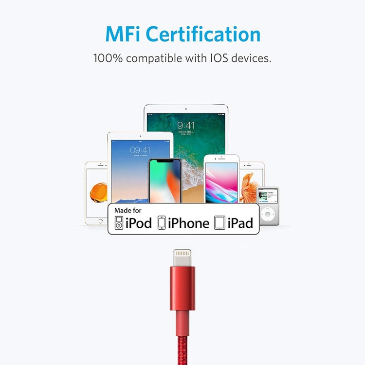 ANKER USB to 8 Pin Apple MFI Certificated Nylon Weaving Charging Data Cable, Length: 1m(Red) - MFI Cable by ANKER | Online Shopping UK | buy2fix