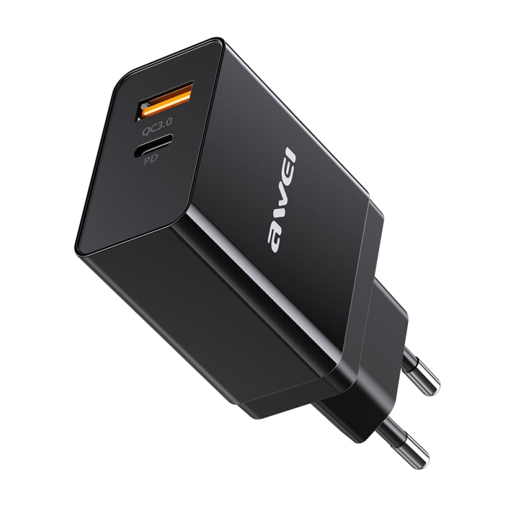 awei C-980 18W PD USB-C / Type-C + QC 3.0 USB Interface Fast Charging Travel Charger, EU Plug(Black) - USB Charger by awei | Online Shopping UK | buy2fix