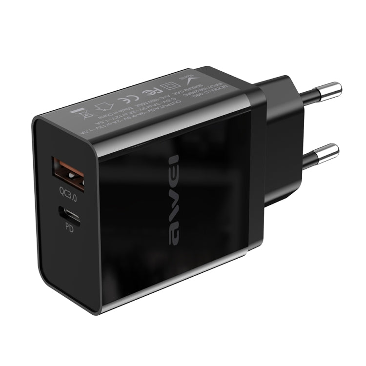 awei C-980 18W PD USB-C / Type-C + QC 3.0 USB Interface Fast Charging Travel Charger, EU Plug(Black) - USB Charger by awei | Online Shopping UK | buy2fix