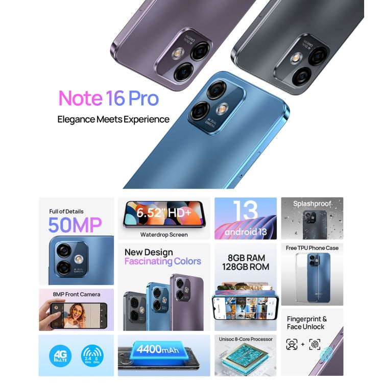 [HK Warehouse] Ulefone Note 16 Pro, 8GB+128GB, Dual Back Cameras, Face ID & Side Fingerprint Identification, 4400mAh Battery, 6.52 inch Android 13 Unisoc T606 OctaCore up to 1.6GHz, Network: 4G, Dual SIM, OTG(Black) - Ulefone by Ulefone | Online Shopping UK | buy2fix