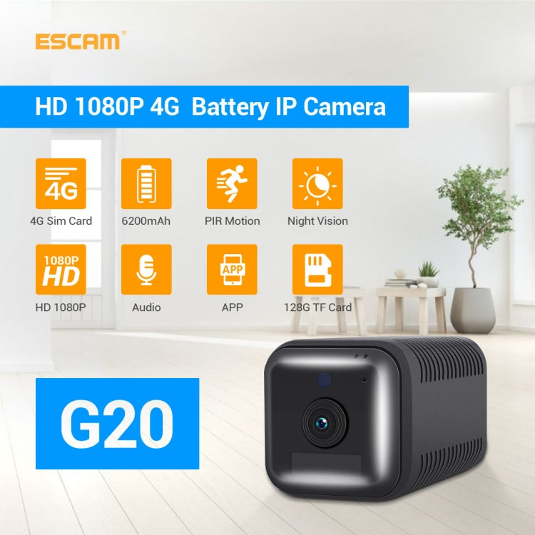 ESCAM G20 4G EU Version 1080P Full HD Rechargeable Battery WiFi IP Camera, Support Night Vision / PIR Motion Detection / TF Card / Two Way Audio(Black) - Security by ESCAM | Online Shopping UK | buy2fix