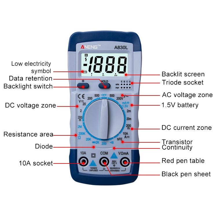 ANENG A830L Handheld Multimeter Household Electrical Instrument (Blue White) - Current & Voltage Tester by ANENG | Online Shopping UK | buy2fix