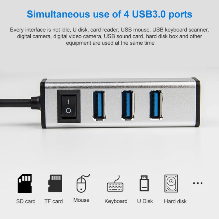 USB to 4 USB 3.0 Ports Aluminum Alloy HUB with Switch(Grey) - USB 3.0 HUB by buy2fix | Online Shopping UK | buy2fix