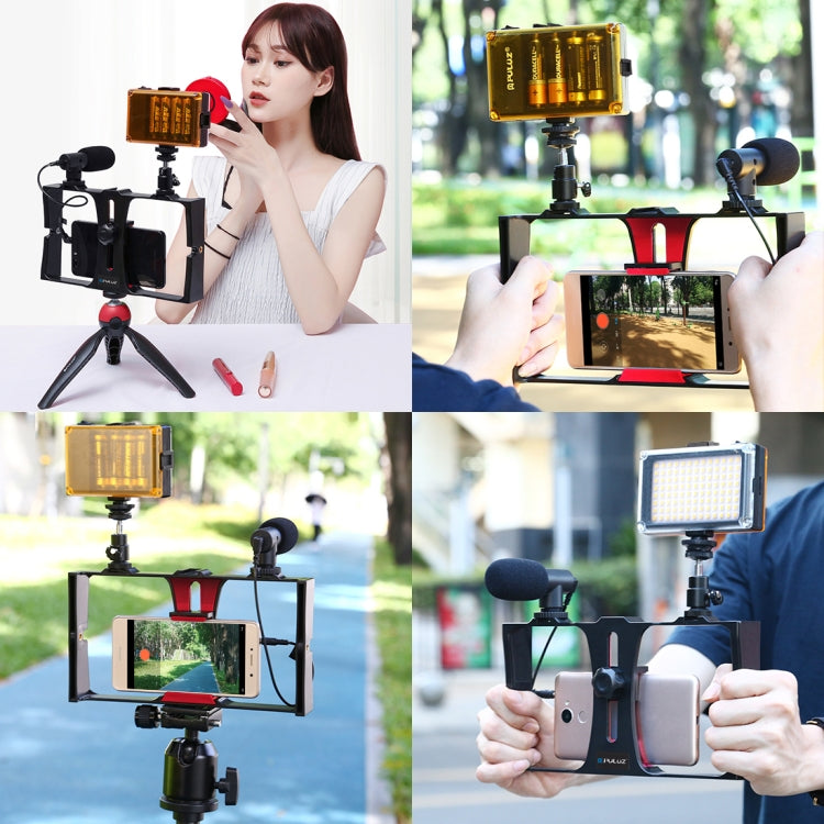 PULUZ 2 in 1 Vlogging Live Broadcast LED Selfie Light Smartphone Video Rig Kits with Cold Shoe Tripod Head for iPhone, Galaxy, Huawei, Xiaomi, HTC, LG, Google, and Other Smartphones(Red) - Camera Cage by PULUZ | Online Shopping UK | buy2fix