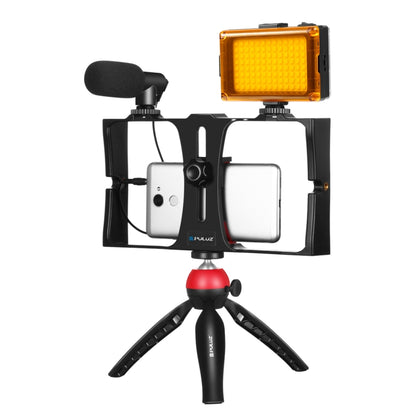 PULUZ 4 in 1 Vlogging Live Broadcast LED Selfie Light Smartphone Video Rig Kits with Microphone + Tripod Mount + Cold Shoe Tripod Head for iPhone, Galaxy, Huawei, Xiaomi, HTC, LG, Google, and Other Smartphones(Red) - Camera Cage by PULUZ | Online Shopping UK | buy2fix