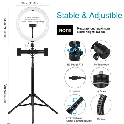 PULUZ 11.8 inch 30cm RGBW Light + 1.65m Mount + Dual Phone Brackets Curved Surface RGBW Dimmable LED Ring Selfie Vlogging Light  Live Broadcast Kits with Cold Shoe Tripod Adapter & Phone Clamp & Remote Control(Black) - Ring Light by PULUZ | Online Shopping UK | buy2fix