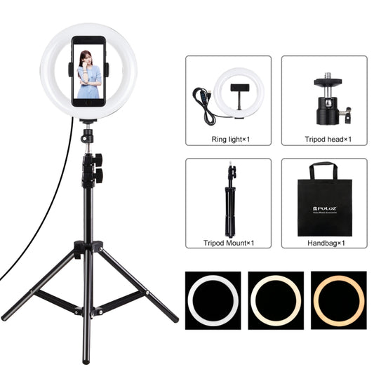 PULUZ 7.9 inch 20cm Light+ 1.1m Tripod Mount USB 3 Modes Dimmable Dual Color Temperature LED Curved Light Ring Vlogging Selfie Photography Video Lights with Phone Clamp(Black) - Consumer Electronics by PULUZ | Online Shopping UK | buy2fix