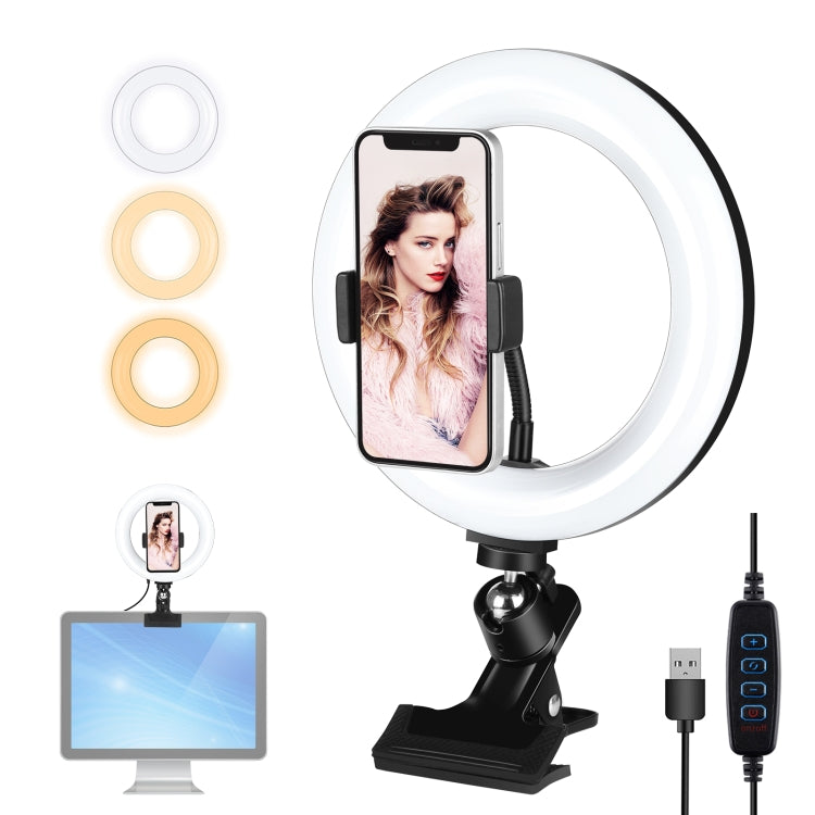 PULUZ 7.9 inch 20cm Ring Selfie Light + Monitor Clip 3 Modes USB Dimmable Dual Color Temperature LED Curved Vlogging Photography Video Lights Kits with Phone Clamp(Black) - Ring Light by PULUZ | Online Shopping UK | buy2fix