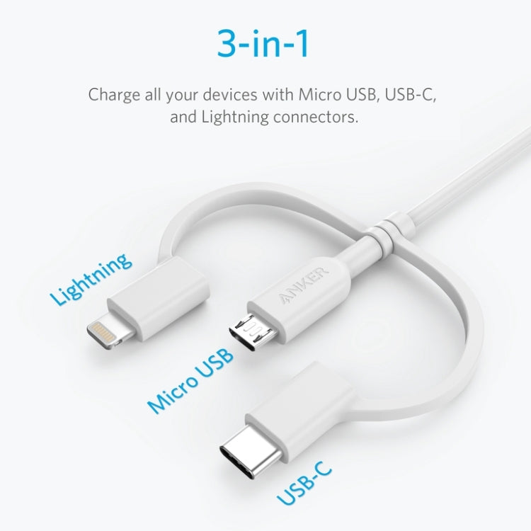 ANKER 3 in 1 8 Pin + Micro USB + USB-C / Type-C Interface MFI Certificated Data Cable(White) - MFI Cable by ANKER | Online Shopping UK | buy2fix