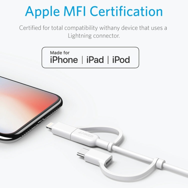 ANKER 3 in 1 8 Pin + Micro USB + USB-C / Type-C Interface MFI Certificated Data Cable(White) - MFI Cable by ANKER | Online Shopping UK | buy2fix