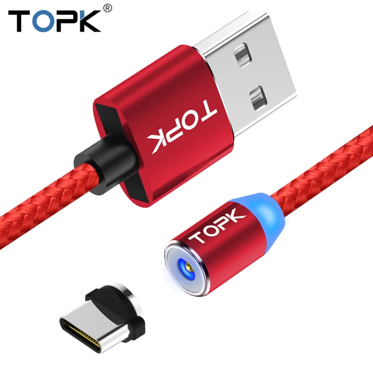 TOPK 2m 2.4A Max USB to USB-C / Type-C Nylon Braided Magnetic Charging Cable with LED Indicator(Red) - Mobile Accessories by TOPK | Online Shopping UK | buy2fix