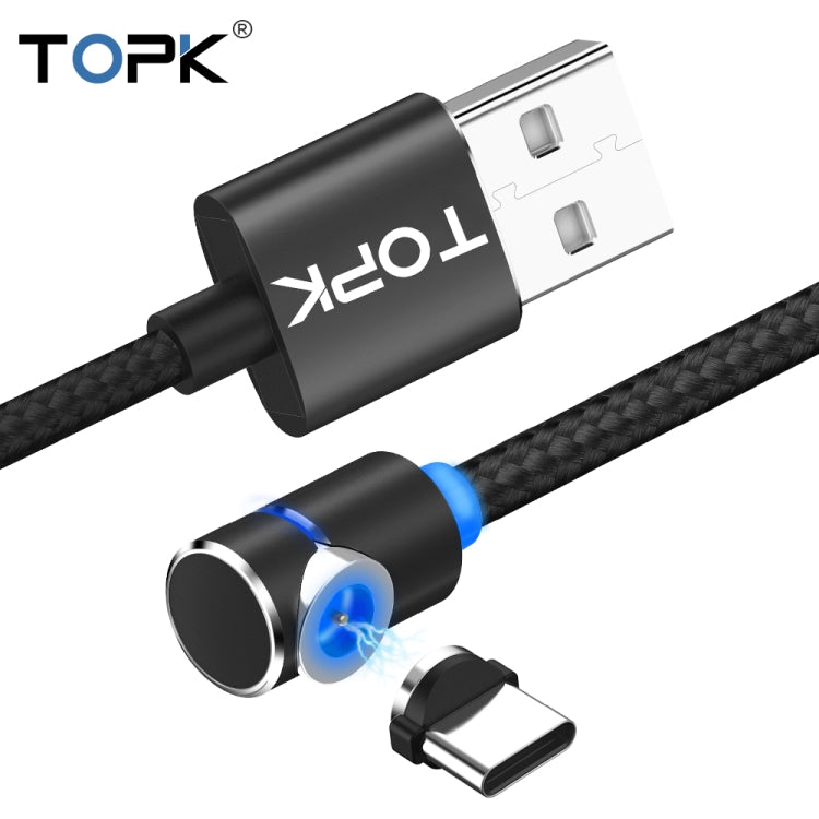 TOPK 1m 2.4A Max USB to USB-C / Type-C 90 Degree Elbow Magnetic Charging Cable with LED Indicator(Black) - Mobile Accessories by TOPK | Online Shopping UK | buy2fix