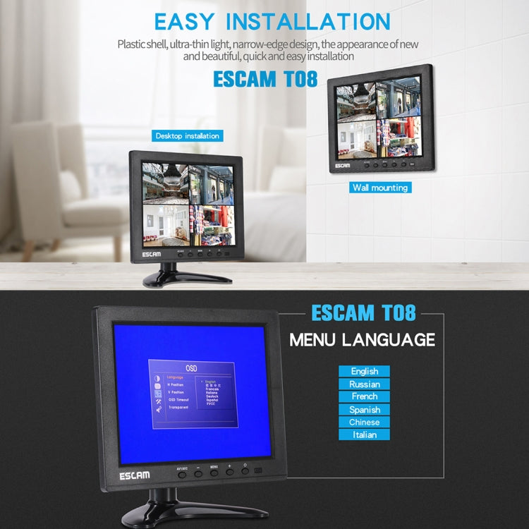ESCAM T08 8 inch TFT LCD 1024x768 Monitor with VGA & HDMI & AV & BNC & USB for PC CCTV Security - DVD & LCD Player by ESCAM | Online Shopping UK | buy2fix
