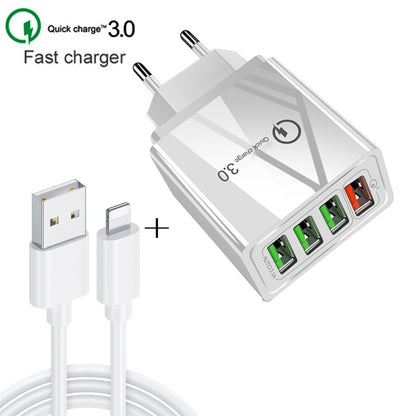 2 in 1 1m USB to 8 Pin Data Cable + 30W QC 3.0 4 USB Interfaces Mobile Phone Tablet PC Universal Quick Charger Travel Charger Set, EU Plug(White) - Apple Accessories by buy2fix | Online Shopping UK | buy2fix