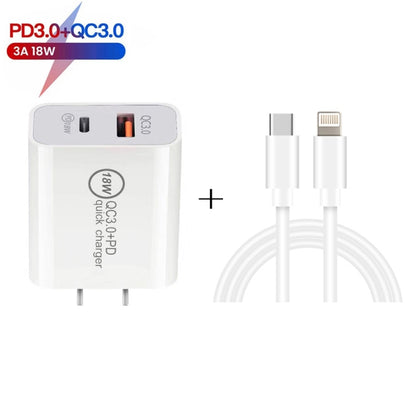 SDC-18W 18W PD 3.0 Type-C / USB-C + QC 3.0 USB Dual Fast Charging Universal Travel Charger with Type-C / USB-C to 8 Pin Fast Charging Data Cable, US Plug - Apple Accessories by buy2fix | Online Shopping UK | buy2fix