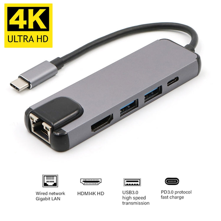 USB-C/Type-C to HD 4K HDMI + RJ45 + USB 3.0 + USB 2.0 + PD 5 in 1 HUB Converter - Computer & Networking by buy2fix | Online Shopping UK | buy2fix