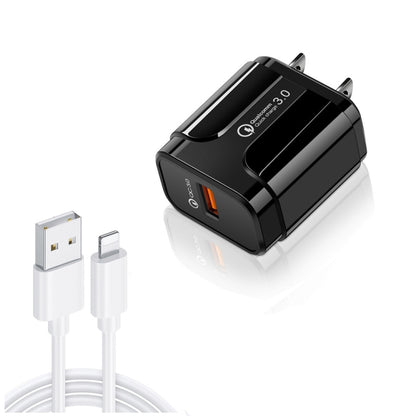 LZ-023 18W QC 3.0 USB Portable Travel Charger + 3A USB to 8 Pin Data Cable, US Plug(Black) - Apple Accessories by buy2fix | Online Shopping UK | buy2fix