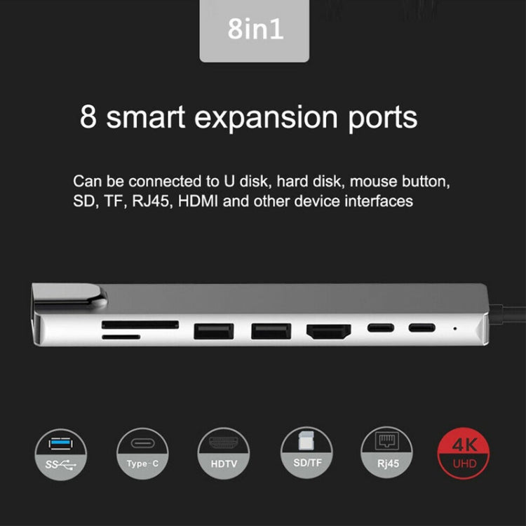 Aluminum Alloy 8 in 1 Multi HD USB 3.0 USB-C Hub Adapter Charging SD PD and TF RJ45 Card Reader Adapter for MacBook Pro Air - Computer & Networking by buy2fix | Online Shopping UK | buy2fix