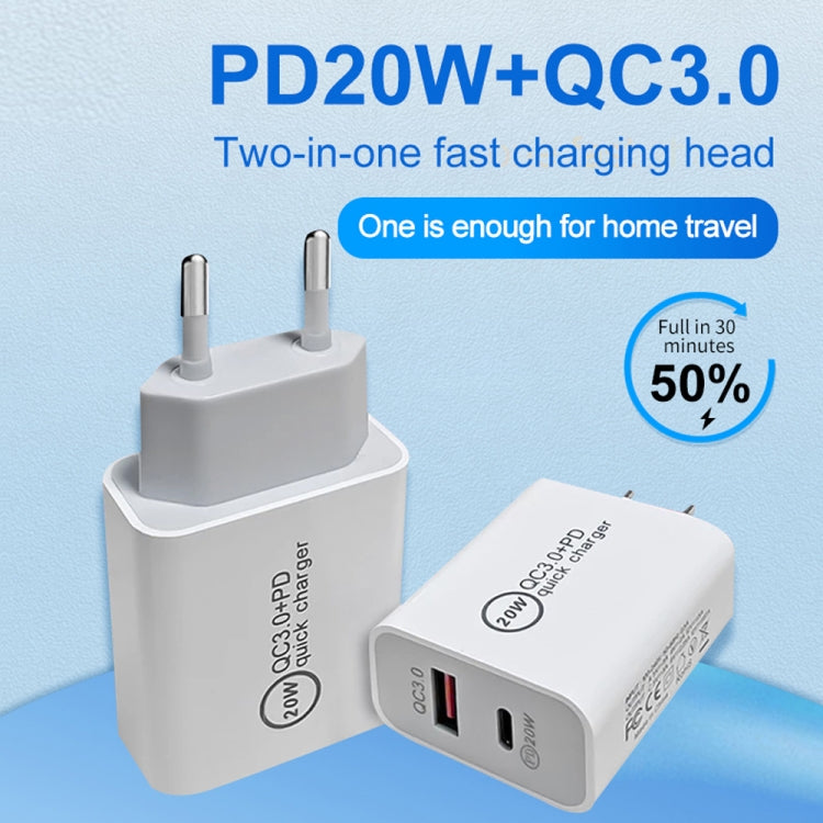 20W PD Type-C + QC 3.0 USB Interface Fast Charging Travel Charger with USB-C / Type-C to 8 Pin Fast Charge Data Cable EU Plug - USB Charger by buy2fix | Online Shopping UK | buy2fix