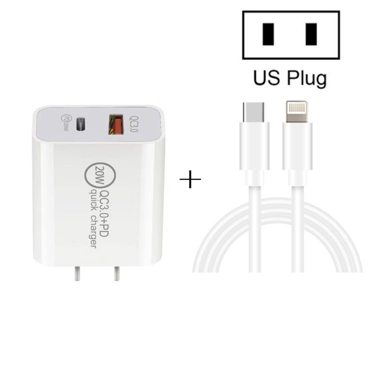 20W PD Type-C + QC 3.0 USB Interface Fast Charging Travel Charger with USB-C / Type-C to 8 Pin Fast Charge Data Cable US Plug - Apple Accessories by buy2fix | Online Shopping UK | buy2fix